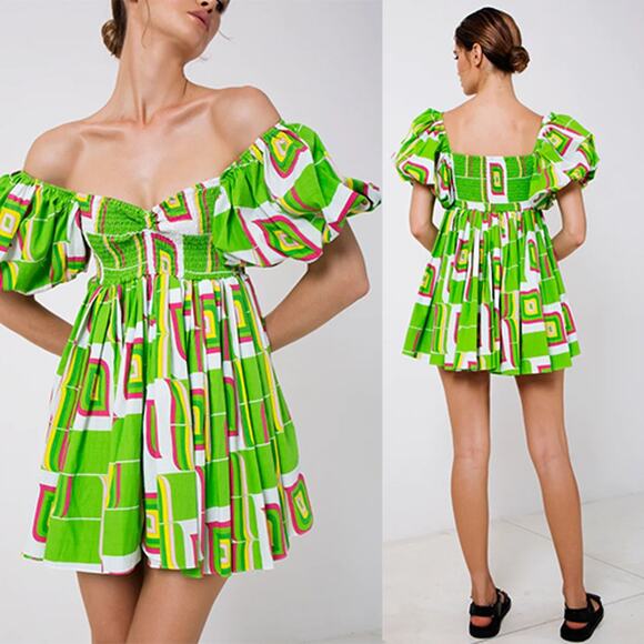 NEW S/W/F Puff Sleeve Babydoll Geometric Ruched Mini Dress Green Chartreuse - Picture 8 of 9
